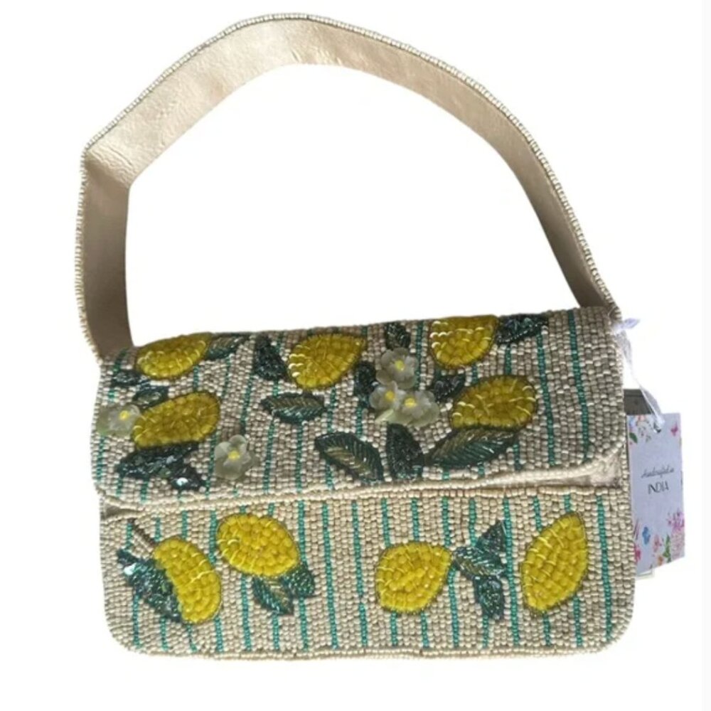 Handcrafted in India Tik Tok Viral Beaded Lemon Striped Shoulder Bag NWT